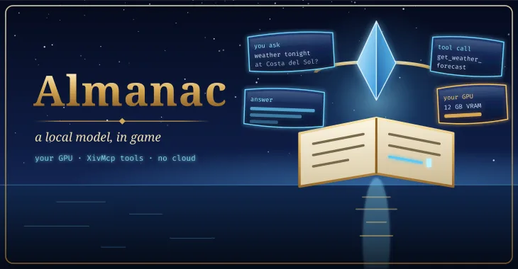 Almanac: an open book under an aetheryte crystal, with question and answer cards