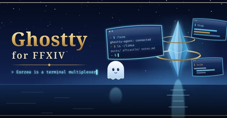 Ghostty for FFXIV: terminal windows floating around an aetheryte crystal over a night sea