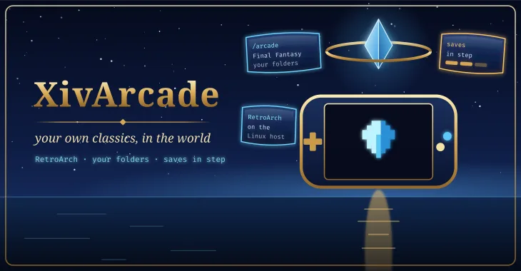 XivArcade: a handheld console with a pixel crystal on its screen, under an aetheryte over a night sea