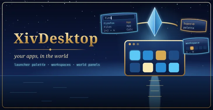 XivDesktop: an app grid window under an aetheryte crystal, with a launcher palette and workspace cards