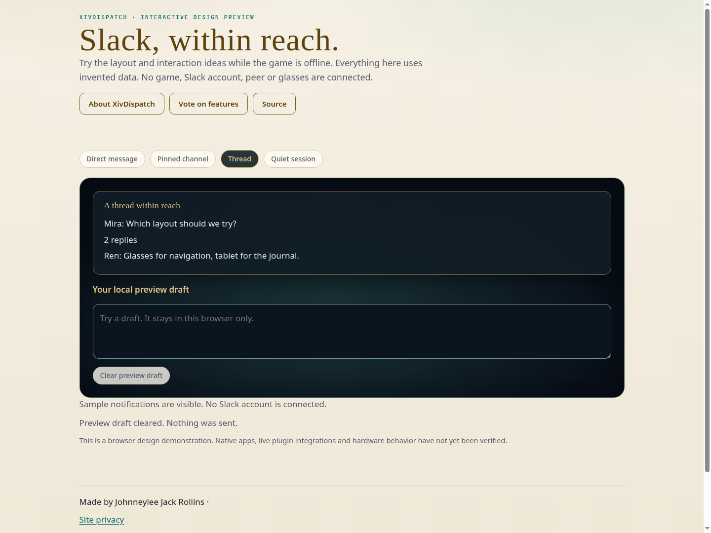 XivDispatch browser preview with invented data