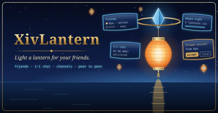 XivLantern: a warm paper lantern under an aetheryte crystal, friends' lanterns in the night sky