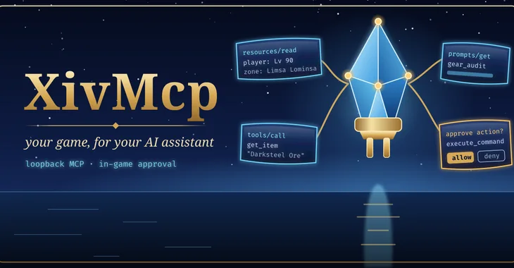 XivMcp: an aetheryte crystal wired to tool cards and an approval prompt, over a night sea