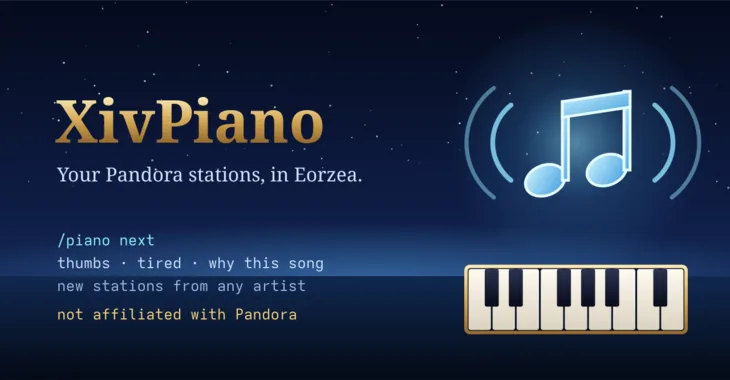 XivPiano: a glowing music note sounding over a small piano keyboard, under a night sky
