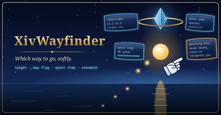 XivWayfinder: a glowing bead with a trail of small beads and a pointing glove, under an aetheryte